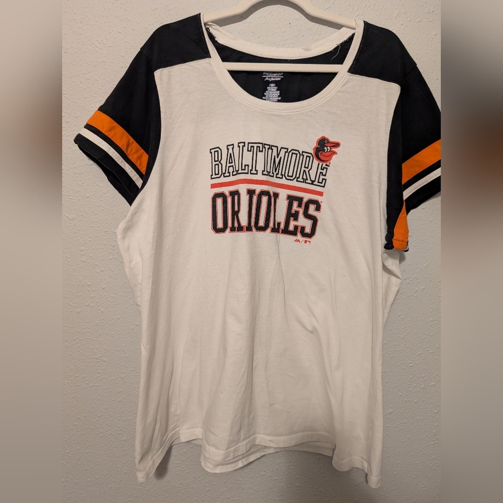Baltimore Orioles Majestic White T-Shirt with Black and Red Logo
